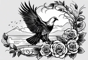A tattoo that states pain and discipline to achieve your goals in life. it should be placed on the upper back and should express also catholic religion, with pigeon, eagle, roses and a lake. tattoo idea