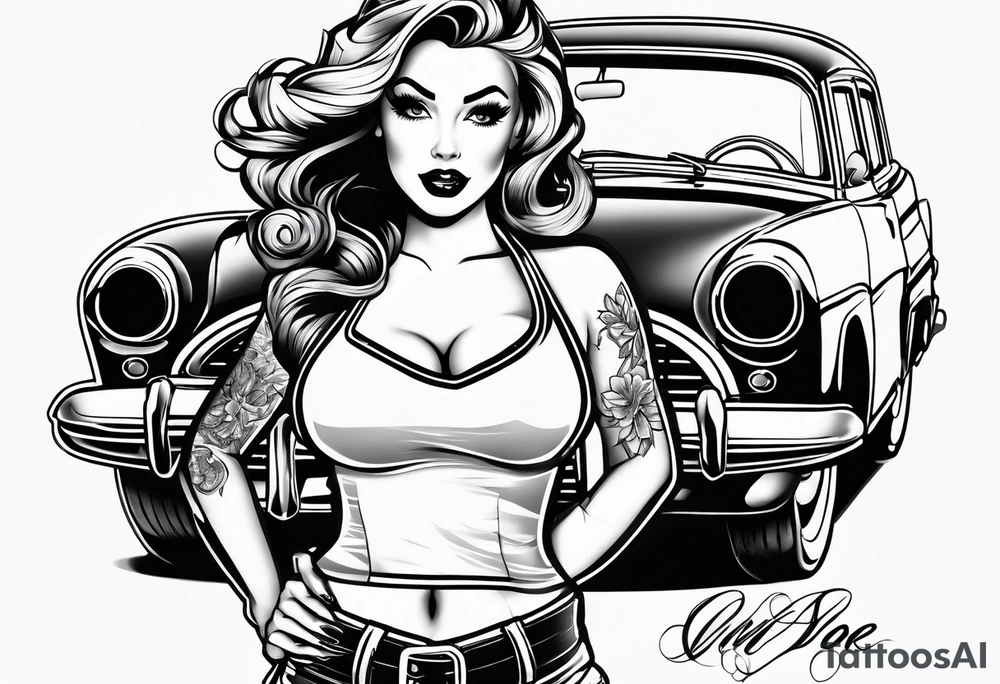 Pinup girl standing by a car tattoo idea