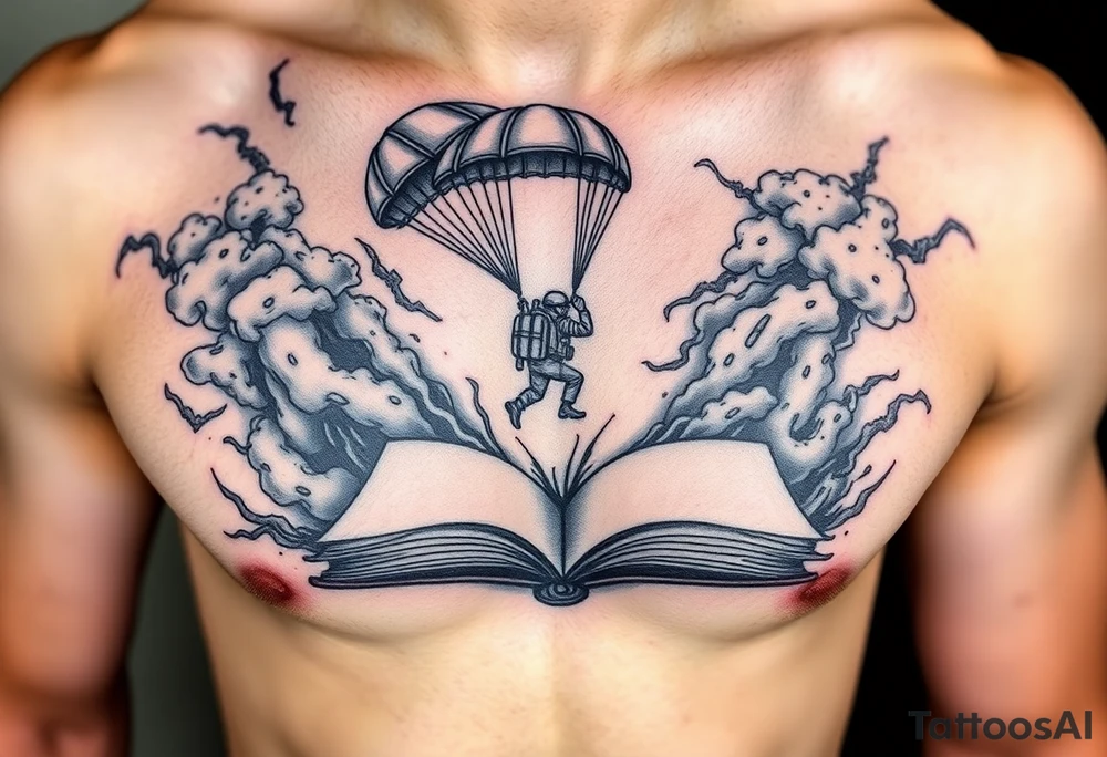 A parachuting soldier landing into an open book. Chaos surrounding, but the book is protecting the soldier from it. On the chest. Make the tattoo smaller. Make it thought provoking. Make the chaos in the environment be an eerie mist. Make the pages in the book be blank. Just one soldier, no other characters. the book is old. tattoo idea