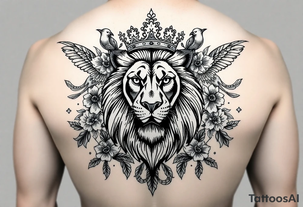 powerful majestic lion with a crown, surrounded by floral ornaments and birds tattoo idea