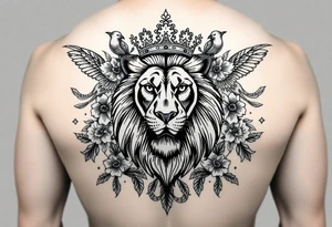 powerful majestic lion with a crown, surrounded by floral ornaments and birds tattoo idea