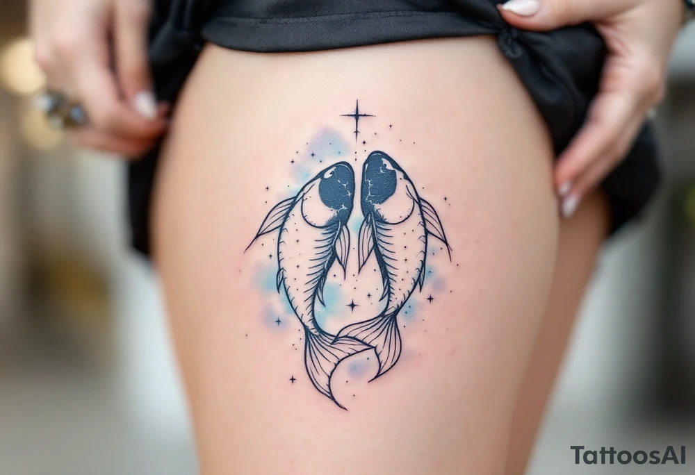 A black-ink Pisces glyph anchors this design, with the Pisces star constellation fading into a soft sky-blue mist. tattoo idea