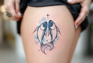 A black-ink Pisces glyph anchors this design, with the Pisces star constellation fading into a soft sky-blue mist. tattoo idea
