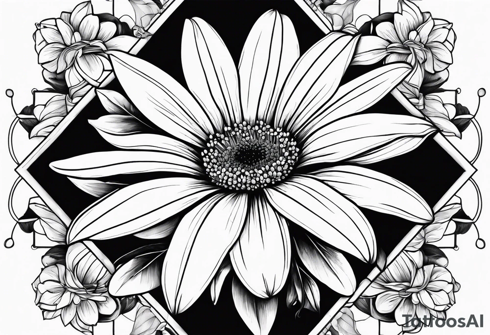 Large daisy flower with a lily flower no stem few leaves around them tattoo idea