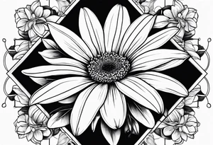 Large daisy flower with a lily flower no stem few leaves around them tattoo idea