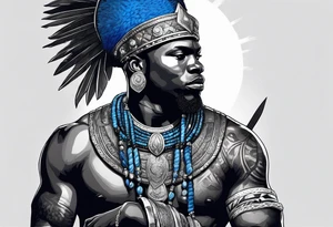 Black-skinned african warrior king with a simple silver crown. He uses blue necklaces and has a sword tattoo idea