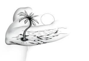 fine line, peaceful, serene, timeless, ocean, sand, palm tree, sun tattoo idea