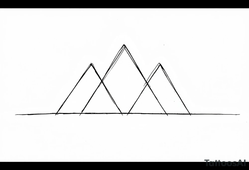A minimalist geometric composition featuring three triangular peaks of varying sizes, forming a stylized mountain range. Each peak is outlined with clean, sharp lines, and the tallest peak is centered for balance. Below the mountains is a thin, straight horizontal line, representing a trail or path. tattoo idea