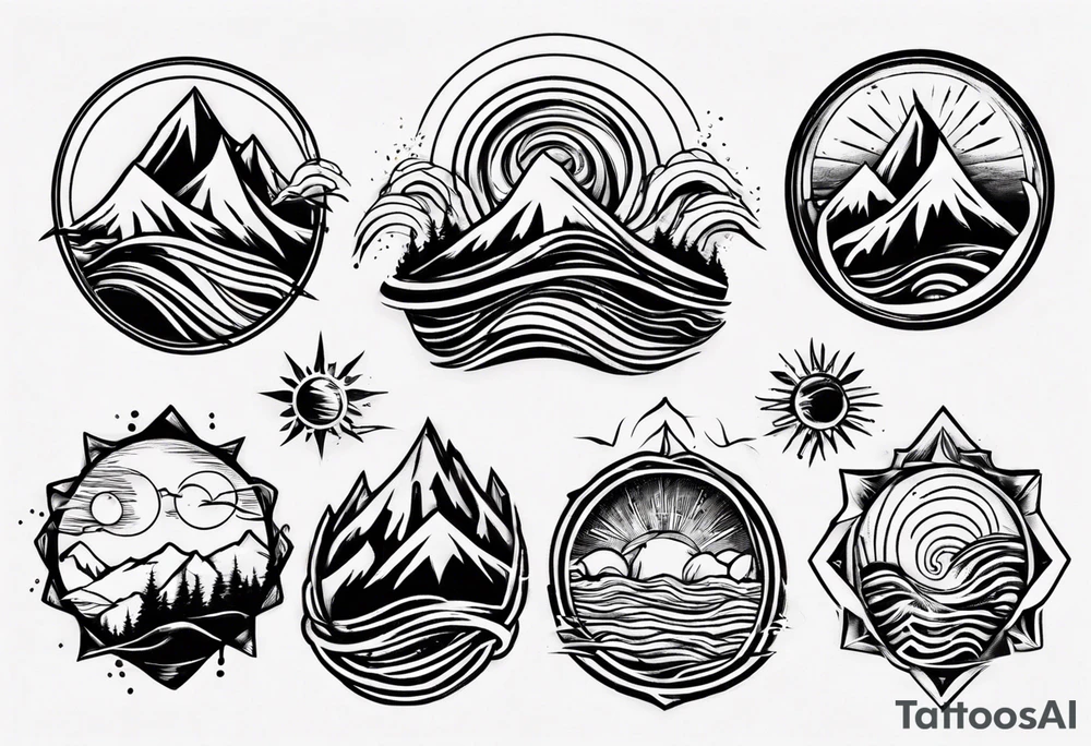 mountain with waves and sun tattoo idea