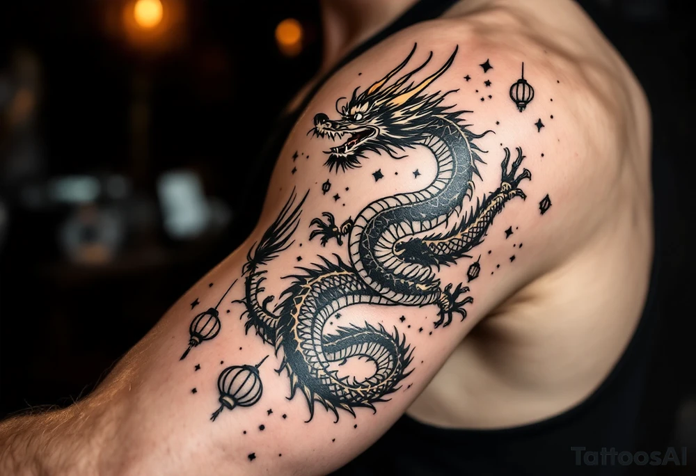 Chinese dragon flying towards the sky surrounded by chinese lanterns tattoo idea