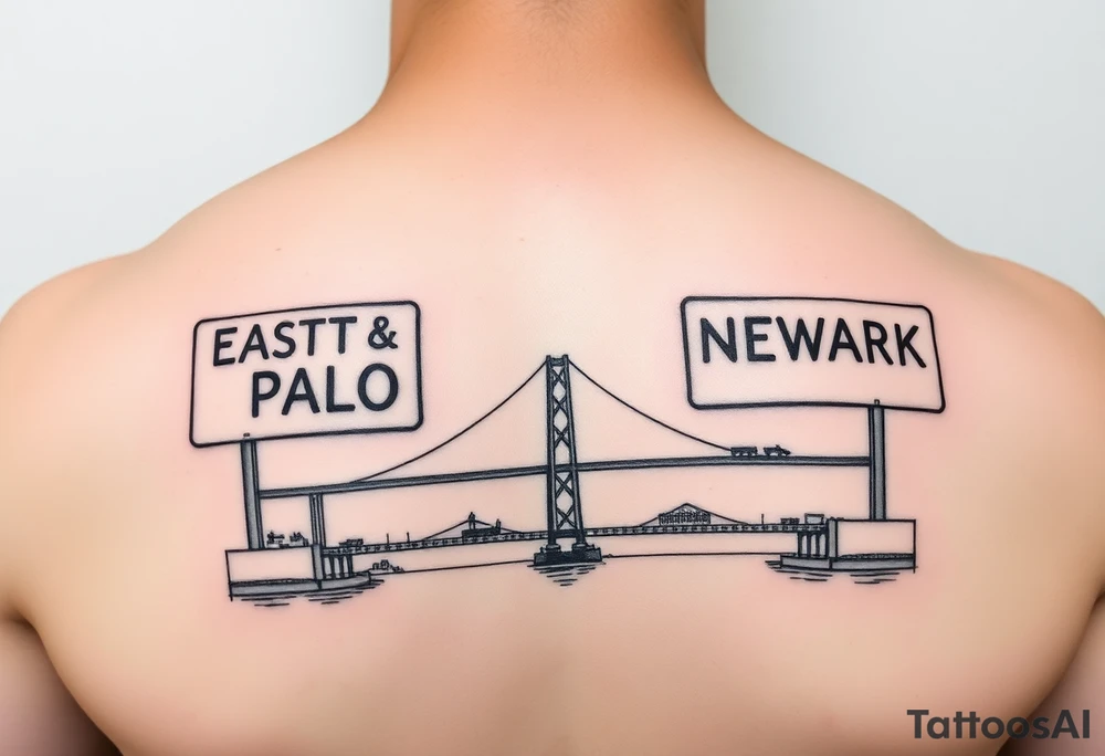 East Palo city sign and Newark city sign on opposite sides of a bridge going across water in California tattoo idea