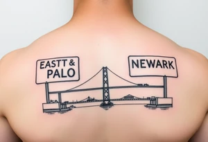 East Palo city sign and Newark city sign on opposite sides of a bridge going across water in California tattoo idea