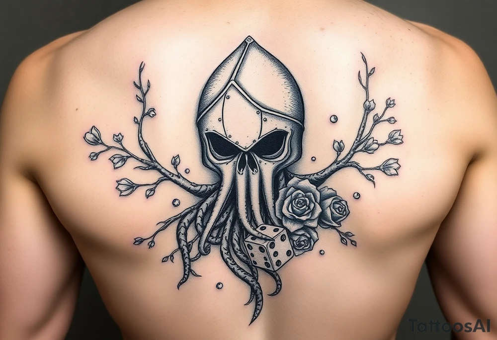 squid knight helmet combined with tree roots, cherry blossoms and roses rolling dice tattoo idea