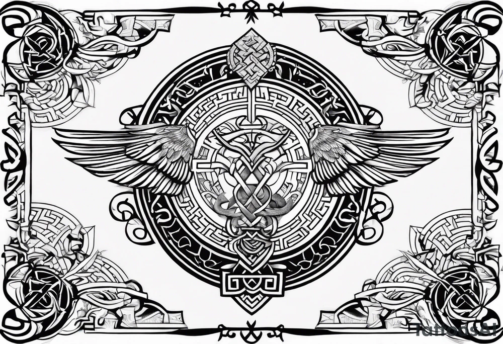 Viking style tattoo throughout. Viking Vegvisir with wings around it, Viking Valknut, tree of life with roots tattoo idea