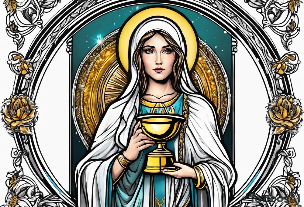 holy saint woman with golden halo holding a chalice tattoo idea