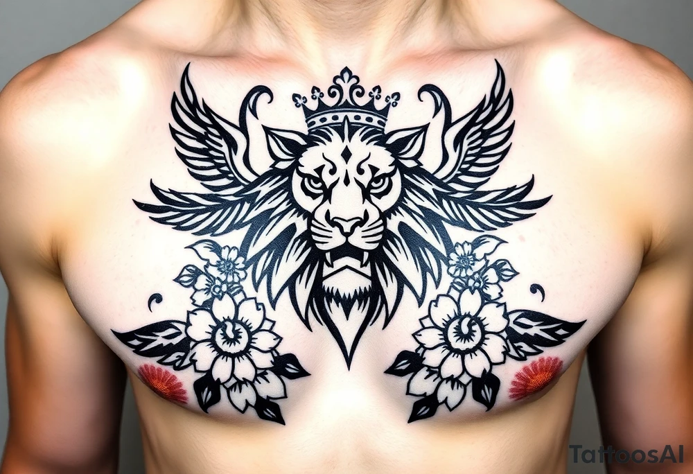 powerful majestic lion with a crown, surrounded by floral ornaments and birds tattoo idea