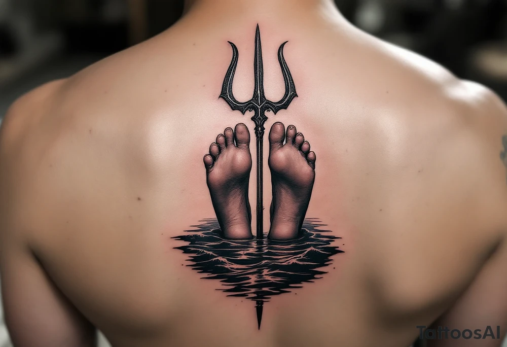 barefeet behind trident with water and sunset tattoo idea