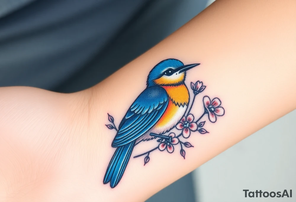 Bluebird with wild flowers tattoo idea