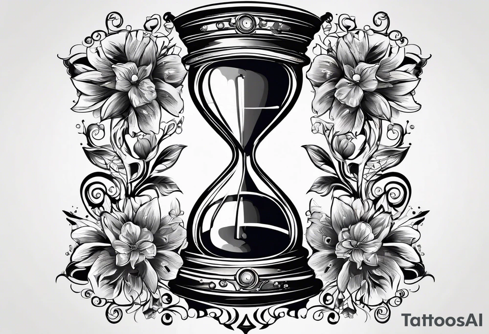 Mix an hourglass with a nautical clock with the addition of planets, galaxies and flower spikes to give a design to print on a t-shirt, the design should be in one color in the form of a tattoo and all the shapes should be mixed to give one shape tattoo for all arms. tattoo idea