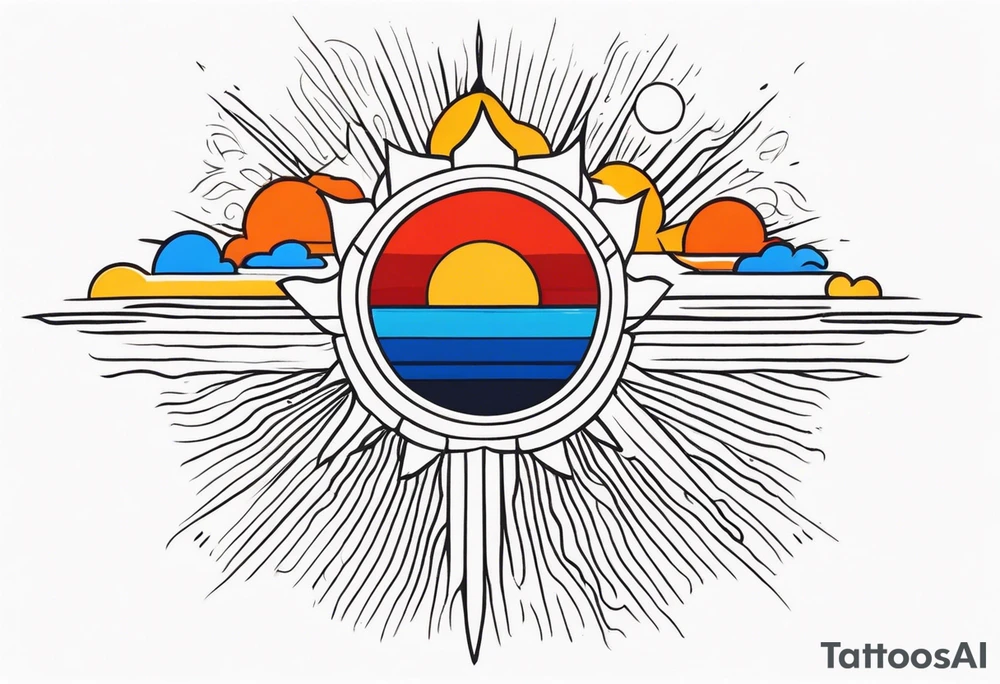 a simple red, blue, orange, and yellow sun with no white space and no faces tattoo idea