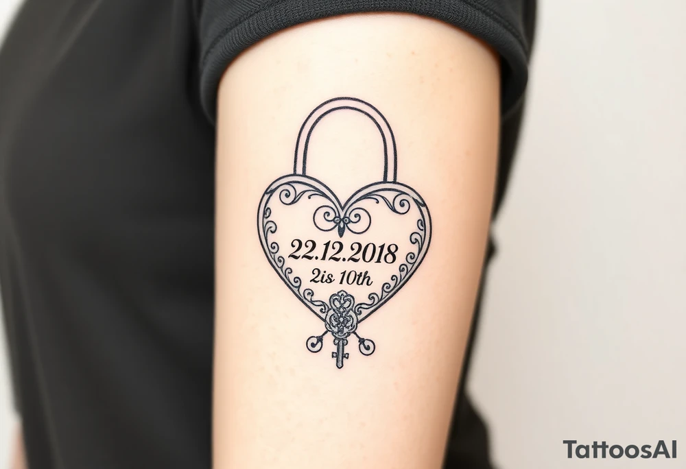 A realistic heart-shaped lock with an ornate key, decorated with filigree patterns, with wedding date 22. 07. 2018 tattoo idea