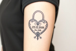 A realistic heart-shaped lock with an ornate key, decorated with filigree patterns, with wedding date 22. 07. 2018 tattoo idea