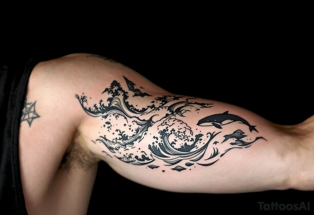 Fine line powerful ocean half sleeve with a wave, a whale and other elements with some shading tattoo idea