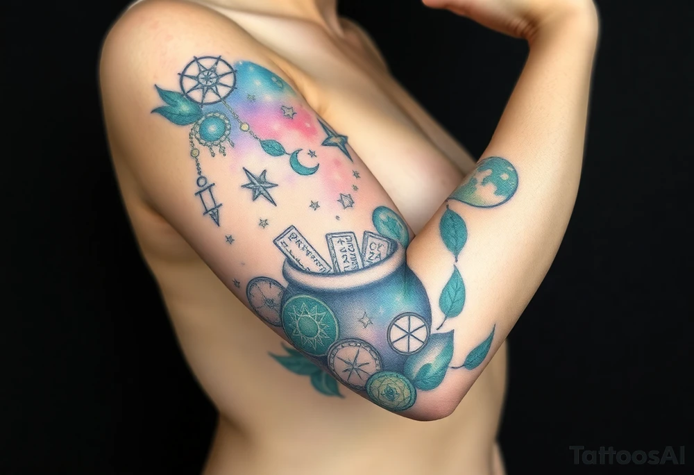Milky way filled with zodiac symbols runes tarot cards coming out of a cauldron tattoo idea