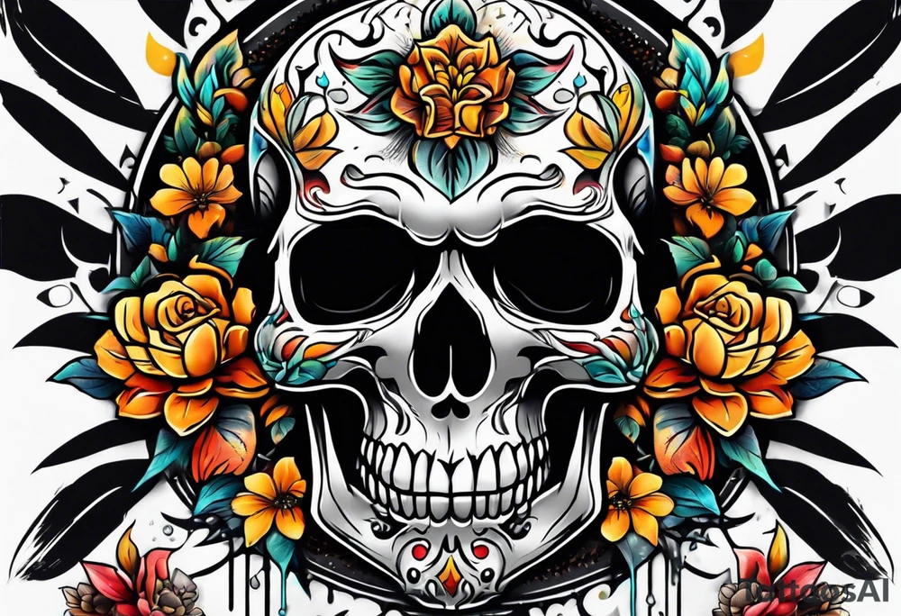 Old school center Knee tattoo with realistic skull, various flowers, water and fall colors tattoo idea