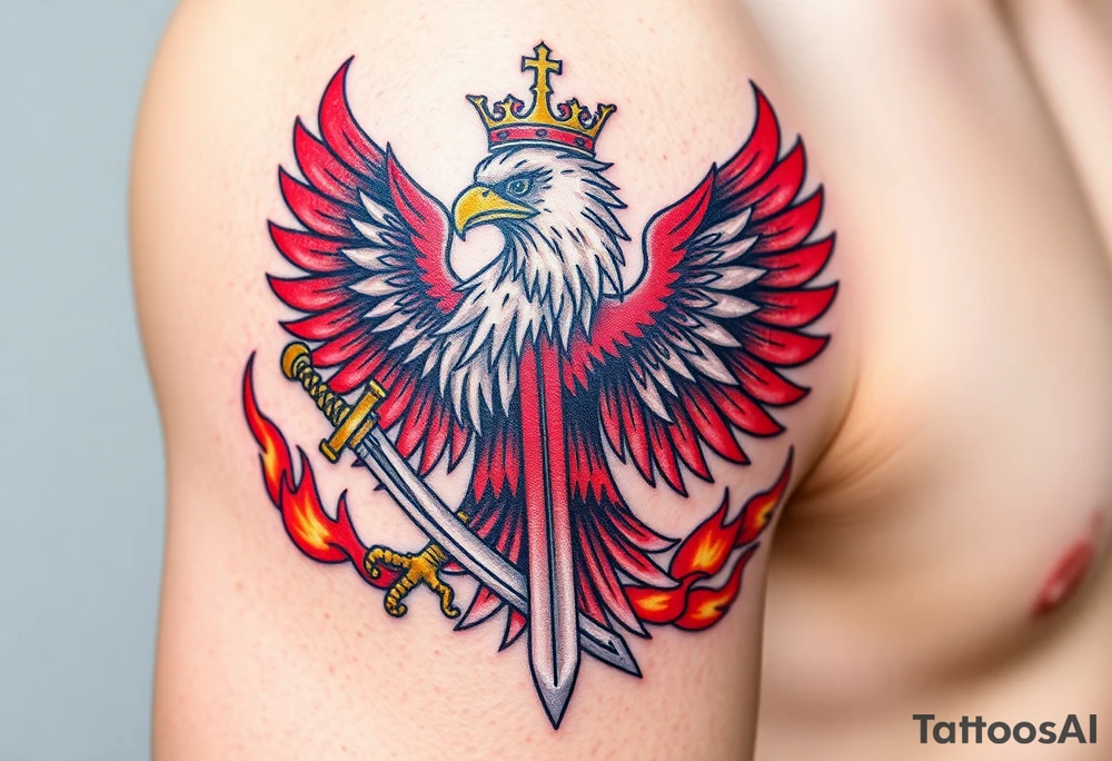 A majestic red and white Moravian eagle with golden crown on its head holding a sword in its talons, surrounded by flames tattoo idea