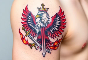 A majestic red and white Moravian eagle with golden crown on its head holding a sword in its talons, surrounded by flames tattoo idea