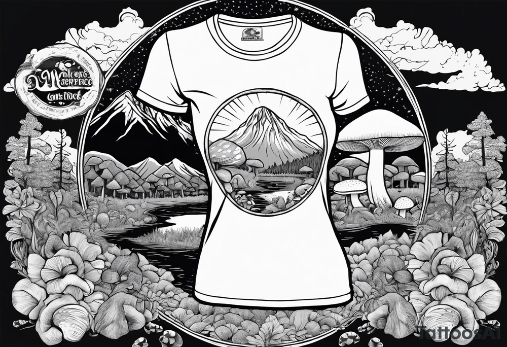 Whole picture encircled fully

Straight long blonde hair hippie girl in distance holding mushrooms in hand facing away toward mountains and creek surrounded by mushrooms long sleeve shirt and hiking pants; whole rendering within a full circle, no cut off circle tattoo idea