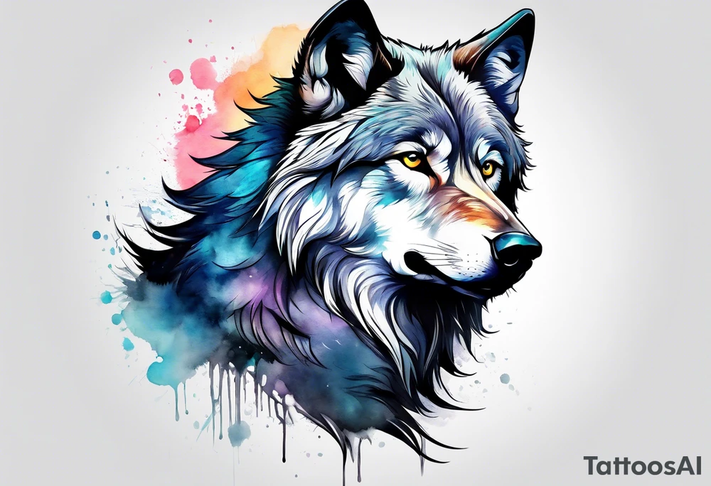 Fluffy wolf sitting upright tattoo idea