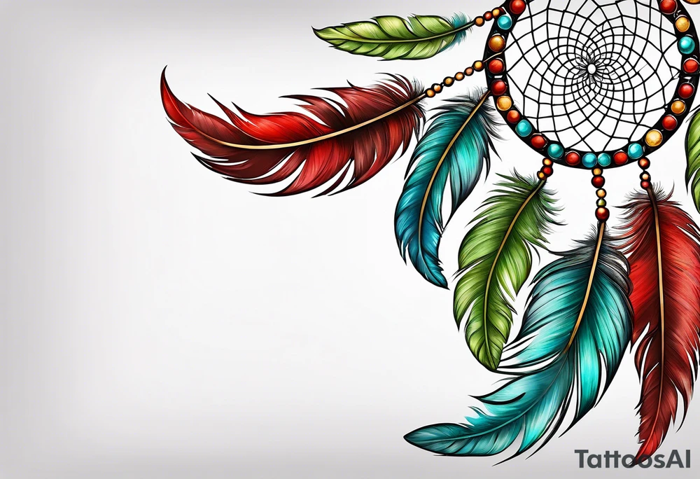 dreamcatcher with an aquamarine feather a red feather and a peridot feather with gemstones tattoo idea
