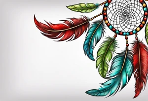 dreamcatcher with an aquamarine feather a red feather and a peridot feather with gemstones tattoo idea