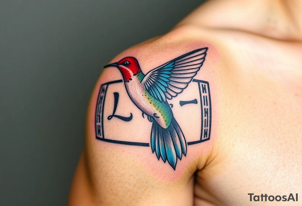 A hummingbird flying through a cartouche (Egyptian nameplate) that spells out a meaningful word like “Life” or “Strength.”(only red , blue and black are possible colors) tattoo idea