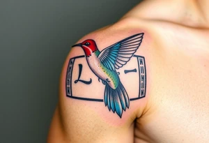 A hummingbird flying through a cartouche (Egyptian nameplate) that spells out a meaningful word like “Life” or “Strength.”(only red , blue and black are possible colors) tattoo idea