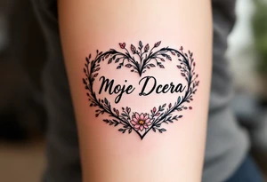 A delicate black and pink line-art heart with the word “Moje Dcera” written in elegant cursive across the center. tattoo idea
