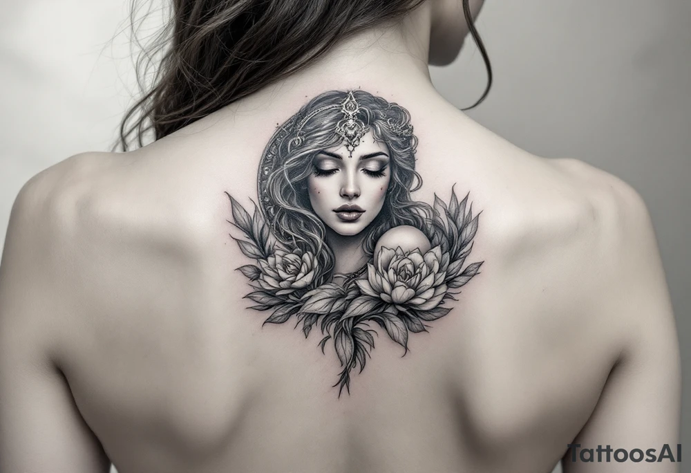 A hyper-realistic depiction of a divine figure like Aphrodite or a moon goddess. smaller and sick tattoo idea