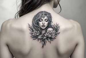 A hyper-realistic depiction of a divine figure like Aphrodite or a moon goddess. smaller and sick tattoo idea