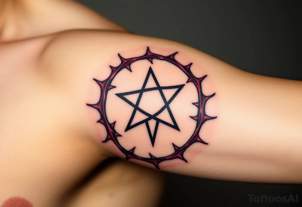 A pentagram surrounded by thorns, with deep reds and blacks, representing occult power and mystery tattoo idea