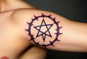 A pentagram surrounded by thorns, with deep reds and blacks, representing occult power and mystery tattoo idea