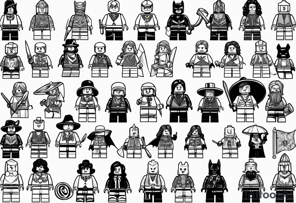 Variety of Lego minifigures traditional style flash sheet tattoo idea