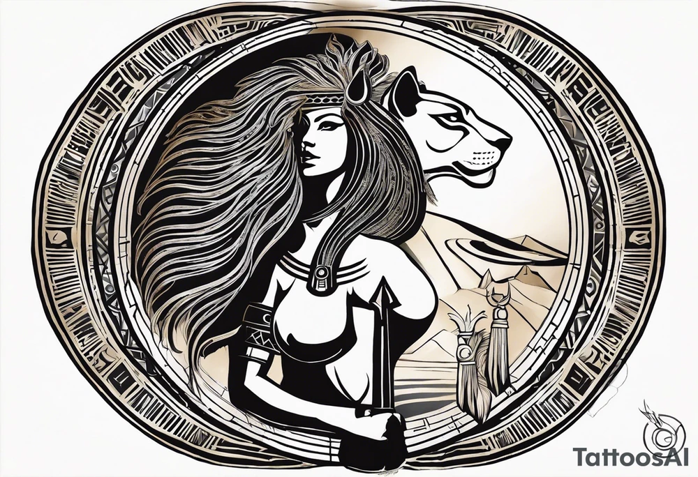 Full body from head to toe of Ancient Egyptian goddess sekhmet, lioness head with black sun disk above her head and woman's body. She looks straight ahead and ready for battle looking fearless and powerful holding an ankh in one hand and a papyrus sceptre in another, she has long hair flowing tattoo idea