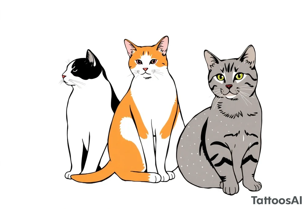 three cats, one black and white cat, one orange and white cat and one grey tabby cat tattoo idea