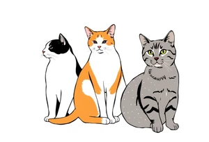 three cats, one black and white cat, one orange and white cat and one grey tabby cat tattoo idea