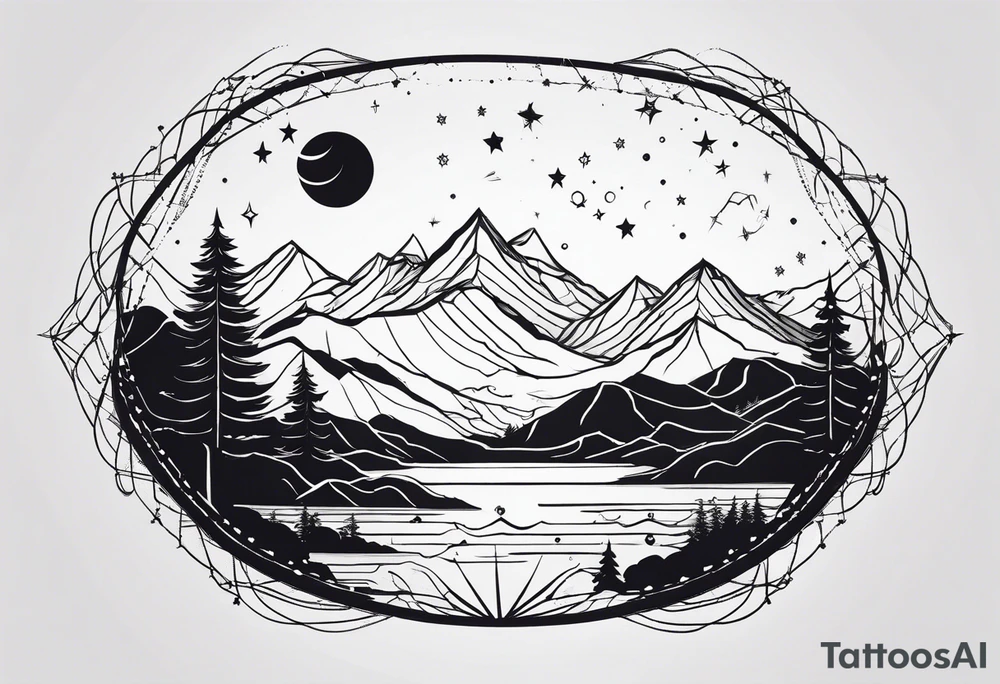 Simple constellation lines over mountain range tattoo idea