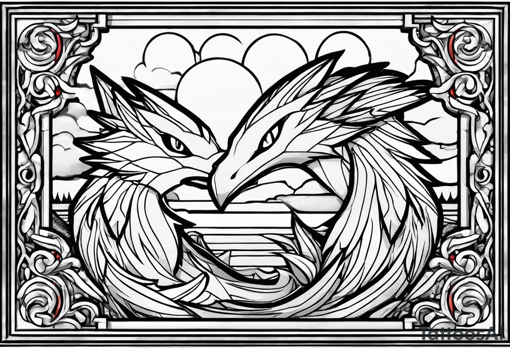 The three lake guardians from the gen 4 pokemon games azelf uxie and mesprit holding eachother with their eyes closed with a aggressive and sharp border kind of like a window frame but has a alternative style to it. tattoo idea