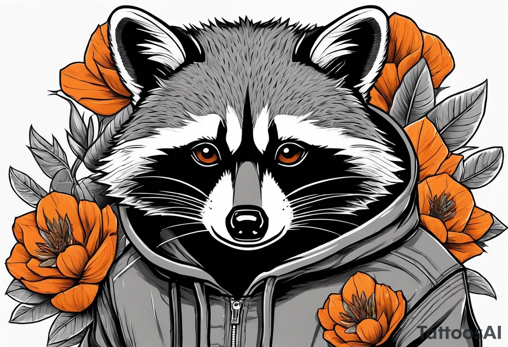 raccoon wearing a Superman hoodie with orange blossoms tattoo idea