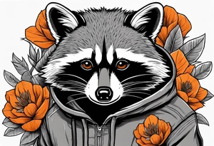raccoon wearing a Superman hoodie with orange blossoms tattoo idea